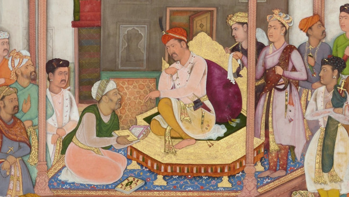 Grand vizier presenting a book to the Mughal Emperor Akbar