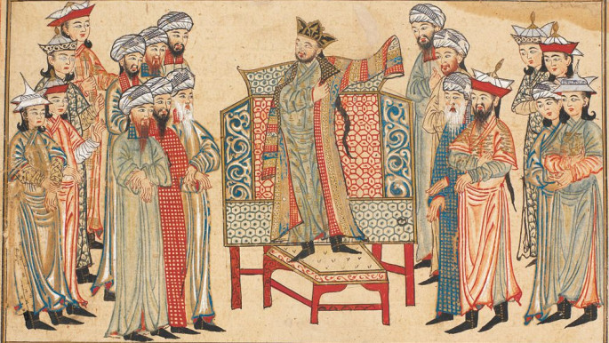 Sultan Mahmoud of central Asia donning his khil'a from Baghdad Caliph, illustration from Rashid al-Din’s 14th-century Jami‘ al-Tawarikh book